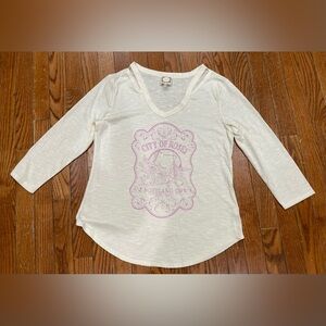 Cream V-Neck Blouse with Pink Graphic